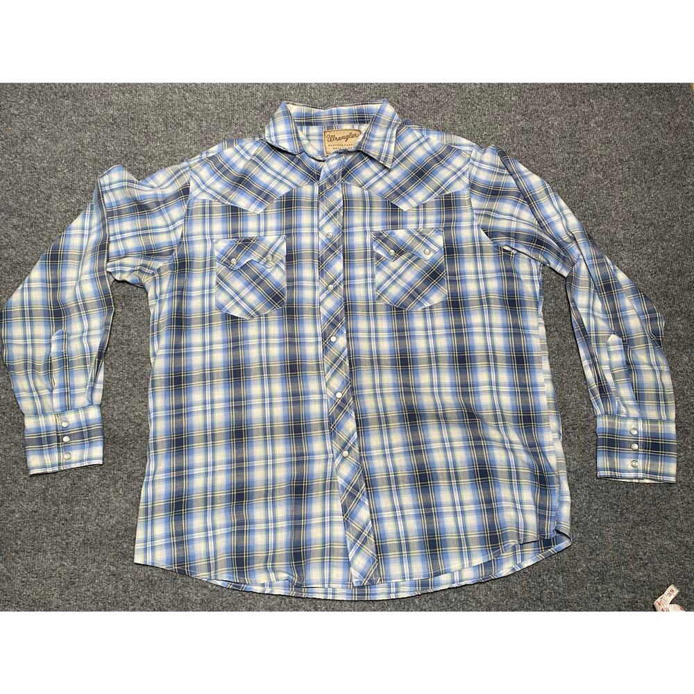 VTG Wrangler Western Shirt Men’s  White/ Blue/ Green/ Yellow Snap Buttons